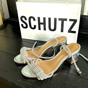 Schutz Jewell Nappa Leather Midblock Heel Sandal.